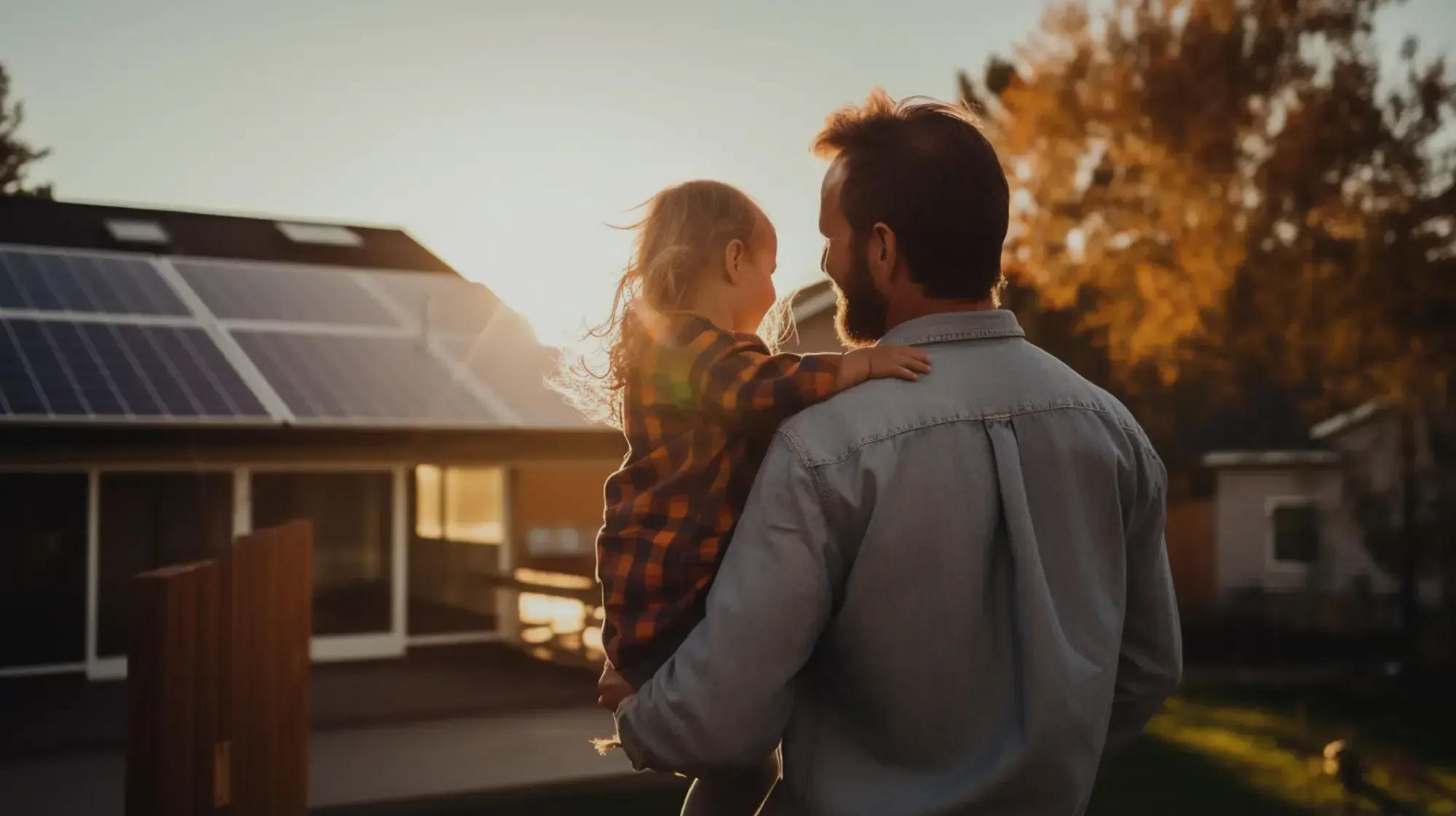 Father and daughter infront of home with solar panels