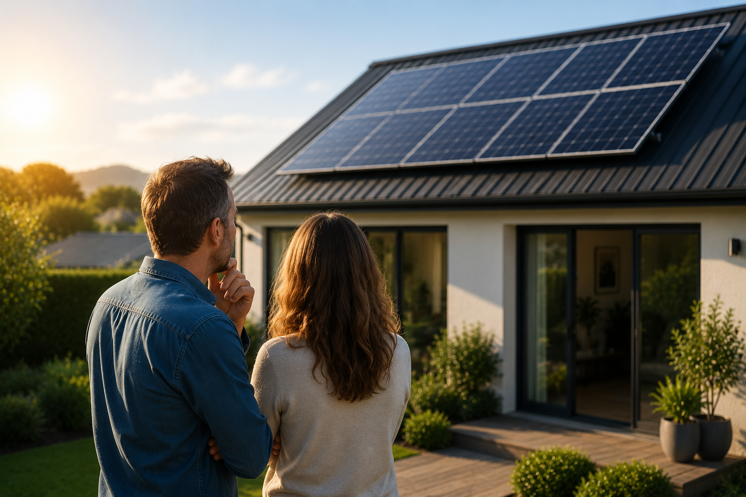A couple considering the solar panels on a house